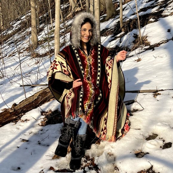 Red Alpaca Poncho with Faux Fur Hood - Picture 5 of 5